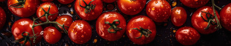 Ripe red tomatoes with water drops on a black background. Top view.の写真素材