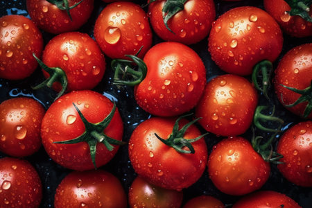 Cherry tomatoes with water drops on black background, panoramic shotの写真素材