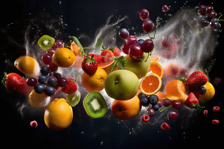 Falling fruits on a black background, conceptual image of healthy eatingの写真素材