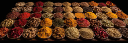 Spices and herbs in wooden bowls on a black background, top viewの写真素材