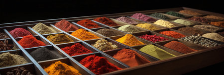 Spices in a wooden box on a black background close-upの写真素材