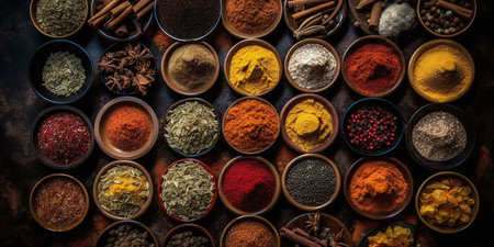 Spices and herbs in wooden bowls. Food and cooking ingredients.の写真素材