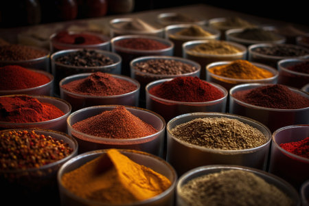 Spices in bowls on a wooden table. Spices background.の写真素材