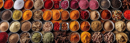 Top view of various spices in metal spoons. Panoramic bannerの写真素材