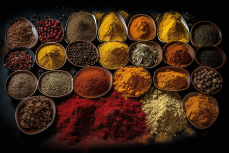 Variety of spices in wooden bowls on dark background. Top view.の写真素材