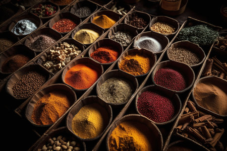 Spices and herbs in wooden box on dark background. Selective focus. Toned.の写真素材