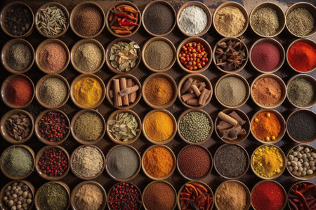 Spices and herbs in wooden bowls over rustic background, top viewの写真素材