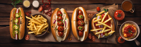 Hot dogs with french fries and vegetables on wooden background. Top view.の写真素材