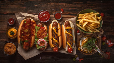 Hot dogs with french fries and ketchup on wooden background, top viewの写真素材