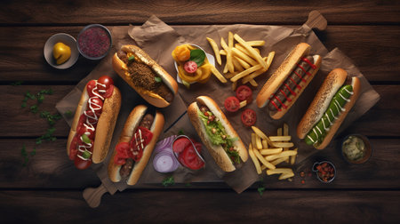 Hot dogs with french fries and ketchup on wooden background. top viewの写真素材