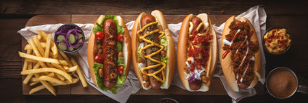 Hot dogs with mustard, ketchup and french fries on wooden backgroundの写真素材