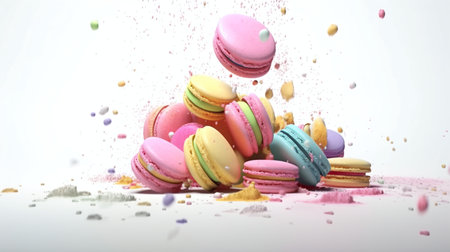 Colorful macaroons falling on white background. 3d renderingの写真素材