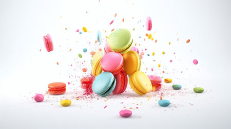 Colorful macaroons falling in the air on a white backgroundの写真素材