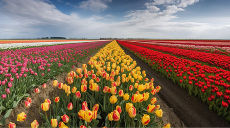 Colorful tulips in an agricultural field in spring, Holland.の写真素材