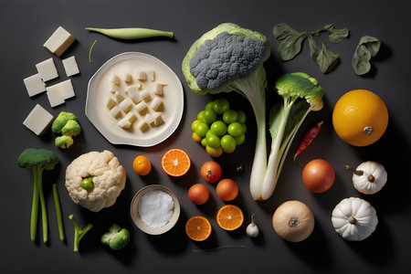 Fresh vegetables and fruits on black background, top view. Healthy foodの写真素材