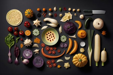 Vegetables and spices on a black background. Top view.の写真素材