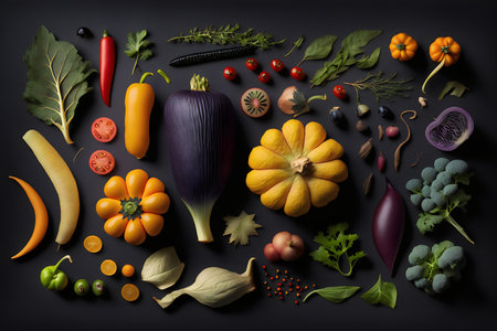 Variety of vegetables on black background. Flat lay, top viewの写真素材