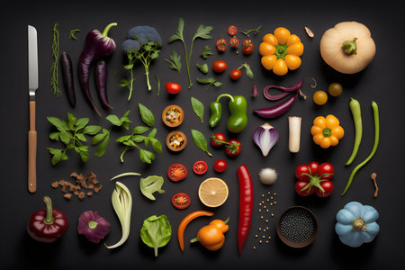 Collection of fresh vegetables on black background. Top view. Flat lay.の写真素材