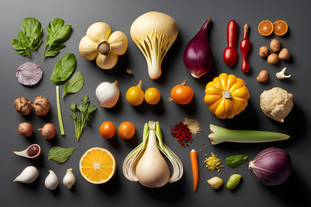 Fresh vegetables on a black background. Top view. Flat lay.の写真素材