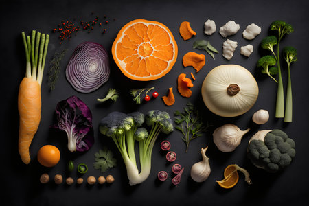 Set of fresh vegetables on a black background. Top view, flat layの写真素材