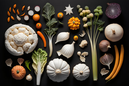 Vegetables on a black background. Top view, flat layの写真素材