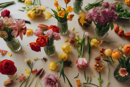 Beautiful bouquet of spring flowers in vases on the tableの写真素材