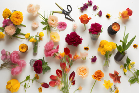 Flower composition. Flat lay, top view floral background. Floral shop concept.の写真素材