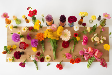 Flower bouquet in vase on wooden board. Flat lay.の写真素材
