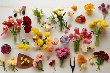 Variety of spring flowers on white wooden background. Flat lay, top viewの写真素材