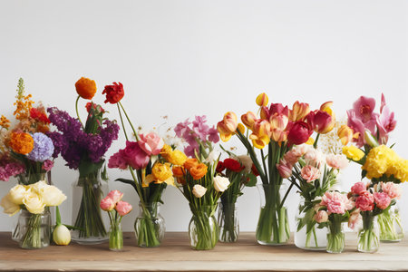 Variety of spring flowers in glass vase on wooden table.の写真素材