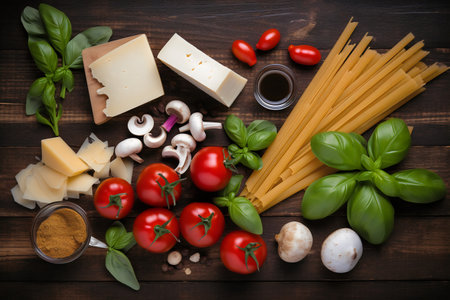Pasta ingredients on wooden background. Top view with copy space.の写真素材
