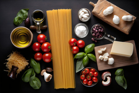 Italian food background. Ingredients for cooking pasta on black wooden table. Top view.の写真素材