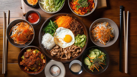 Bibimbap, Korean food on wooden table, top viewの写真素材