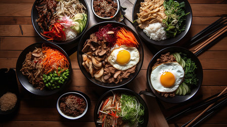 Bowls of different kinds of japanese food on wooden backgroundの写真素材