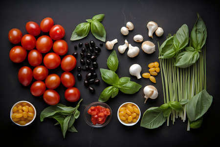 Variety of ingredients for basil pesto sauce on a black backgroundの写真素材