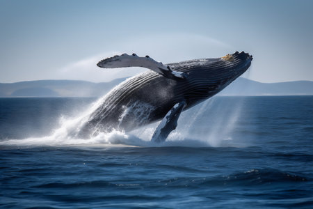 Humpback whale jumping out of the water. Iceland. Toned.の写真素材
