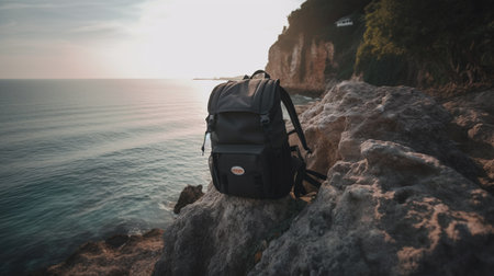 Backpack on the rocks by the sea at sunset. Travel conceptの写真素材
