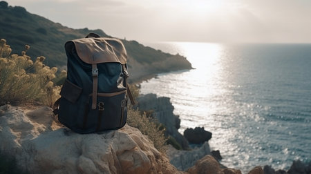 Backpack on top of a cliff with the sea in the backgroundの写真素材
