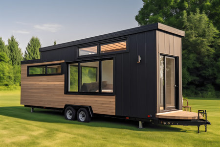 3d rendering of a camper trailer on a green meadowの写真素材
