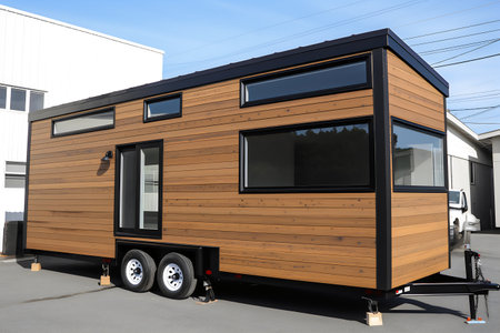 Caravan trailer for camping in the yard of a residential building.の写真素材