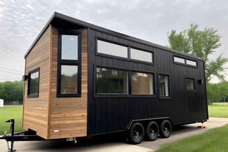 Modern camper trailer in the countryside. 3d render picture.の写真素材