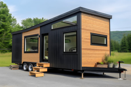 Luxury camping trailer in the countryside. 3d rendering.の写真素材