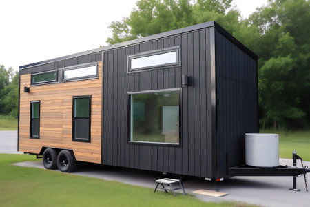 3d rendering of a camper trailer in a green field.の写真素材