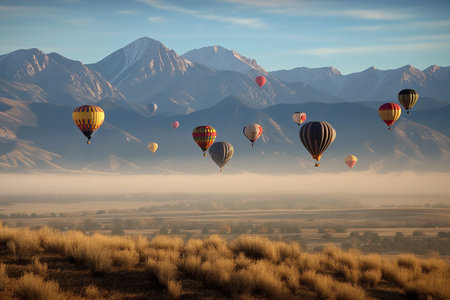Hot air balloons flying over the mountains in the morning. 3d renderingの写真素材