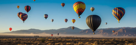Hot air balloons flying over the desert at sunrise. 3D Renderingの写真素材