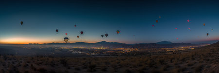 Colorful hot air balloons flying over the desert at sunset, Nevadaの写真素材