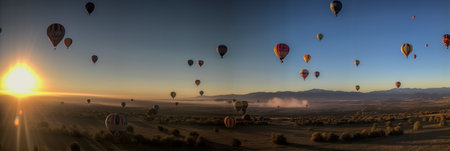 Hot air balloons flying over the valley at sunrise, Cappadocia, Turkeyの写真素材