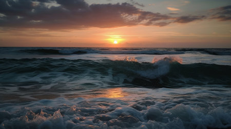 Beautiful sunset on the beach. Seascape with waves.の写真素材