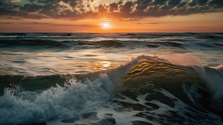 Sunset on the sea. Beautiful seascape with waves.の写真素材