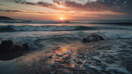 Beautiful seascape at sunset. Seascape with waves breaking on the rocks.の写真素材
